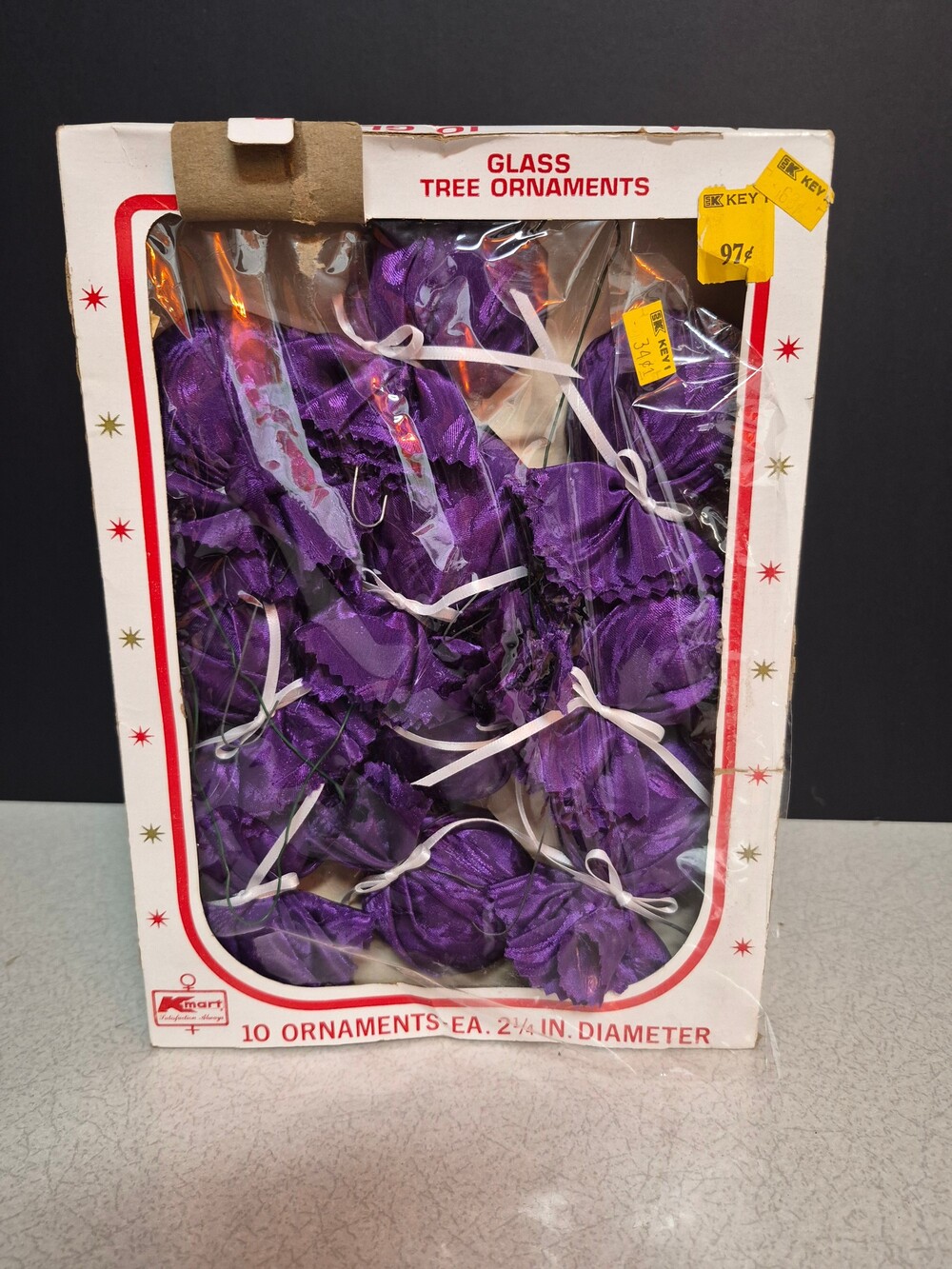 Kmart Glass Purple Tree Ornaments Set of 10 Original Box Vintage